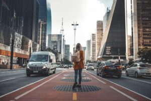 道路に立つ女性の後ろ姿